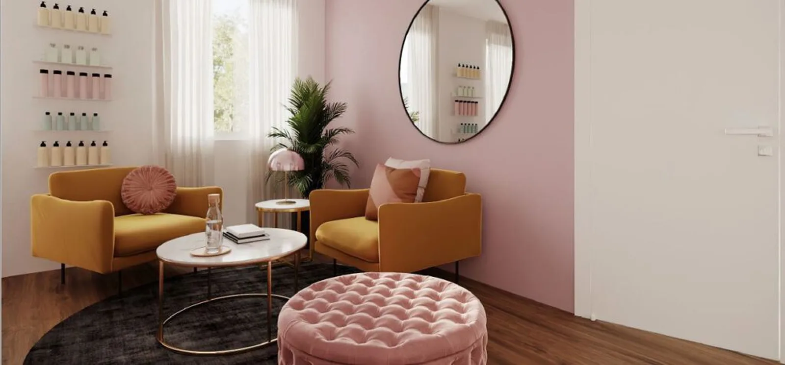 Die Lounge im LaserLabs Studio: senfgelbe Sessel, rosa Wand, runder Spiegel.