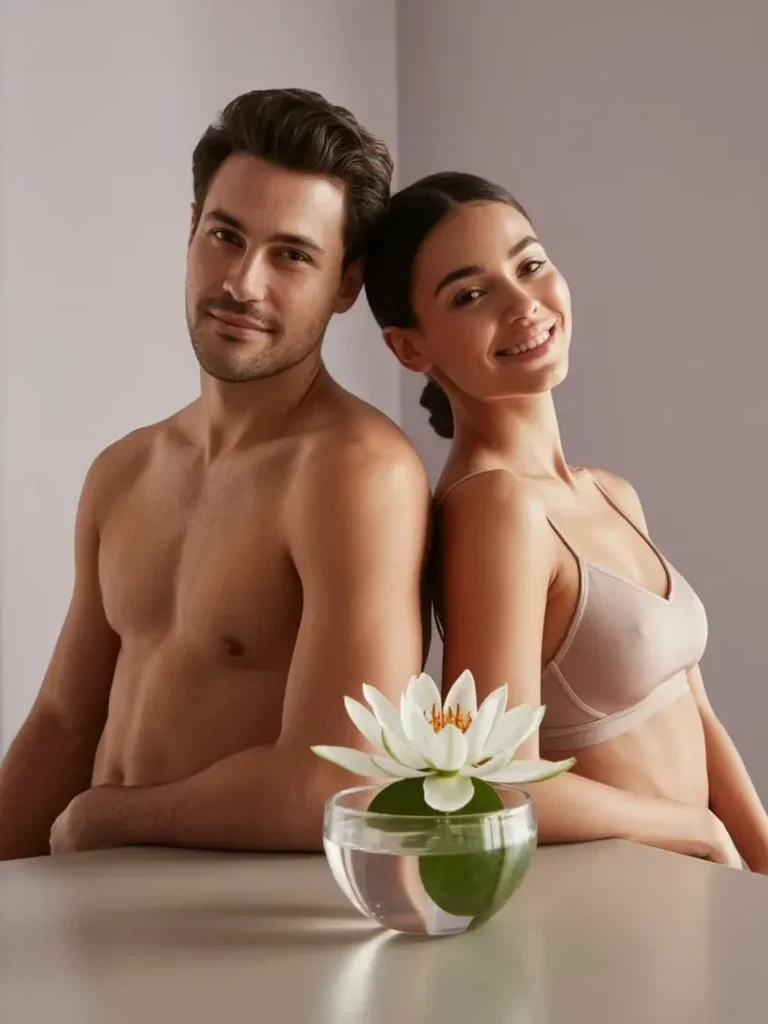 Zwei Menschen mit glatter Haut vor einer hellen Wand, davor eine Seerose in einer Glasschale.